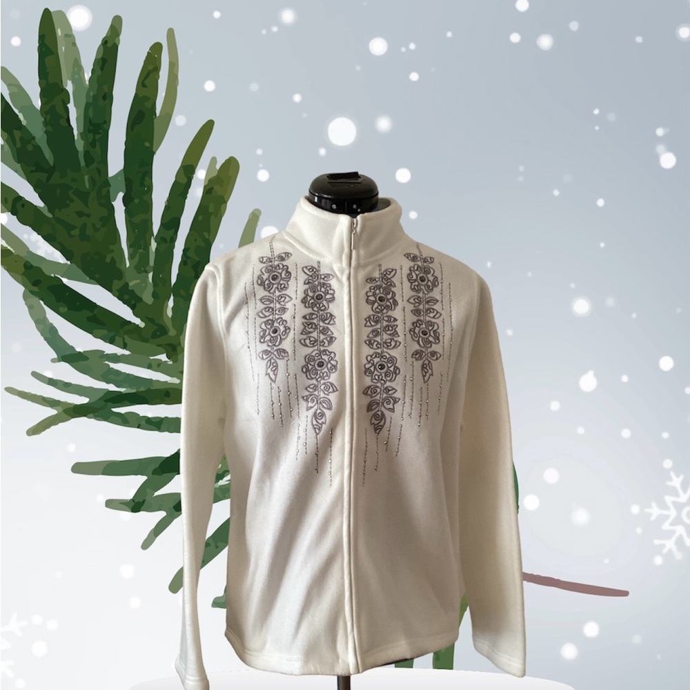 NWT Women's Alfred Dunner Full Zip fleece top crystal & embroidery Petite Small